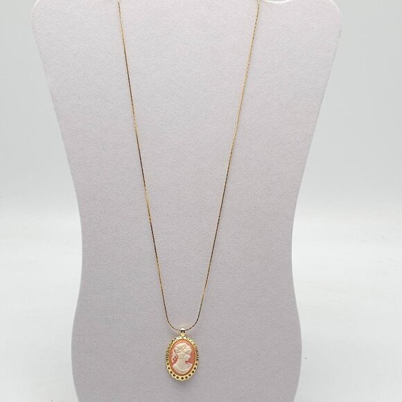 Acrylic Cameo Pendant Necklace With Gold Tone Chain Oval Frame - Picture 2 of 5